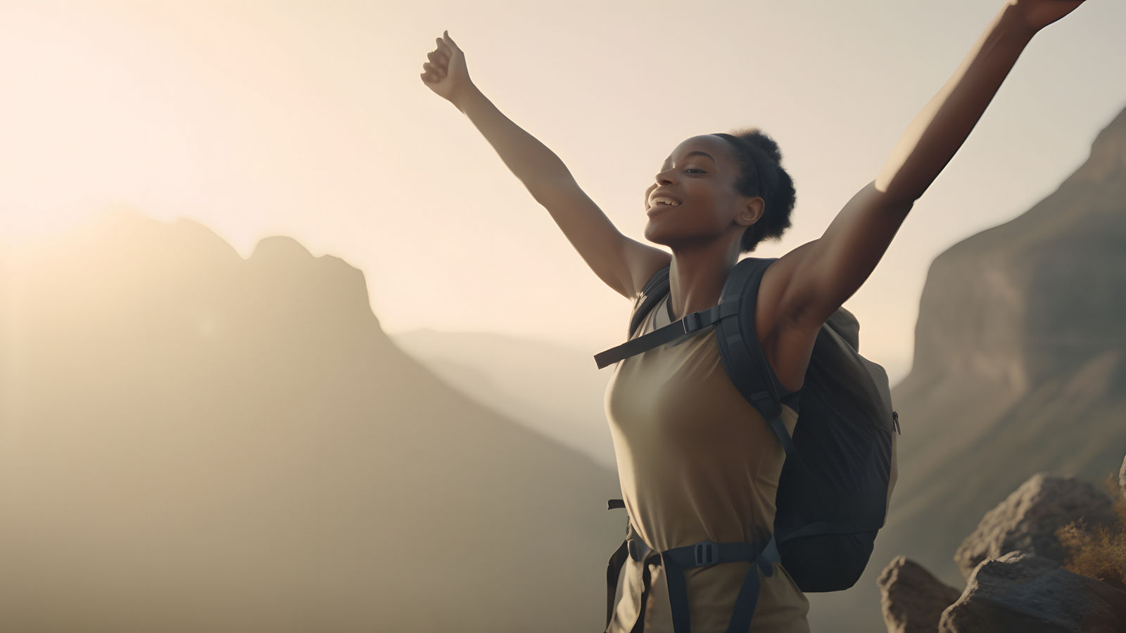 Afro-descendant woman on top of a mountain, with her arms outstretched in triumph