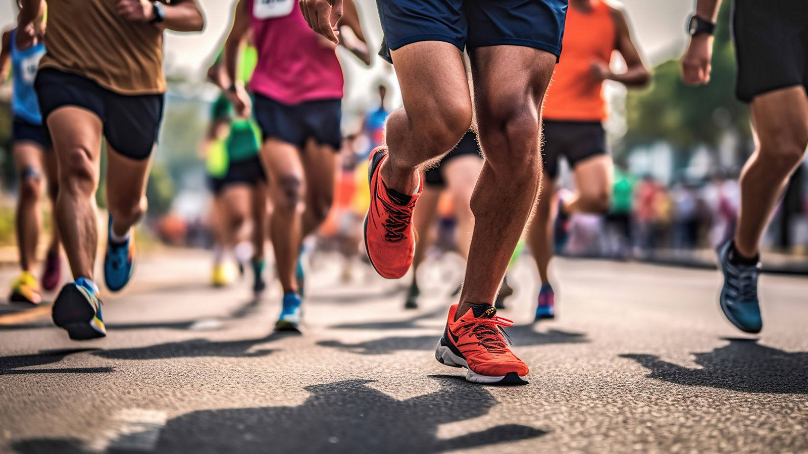 Close up of a Group of Men Runners Legs in a Road Race. Generative Ai
