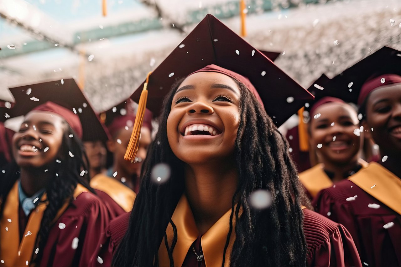 Generative AI illustration of group of young graduating high school students in oxblood gown smiling having fun with friends celebrating outdoors