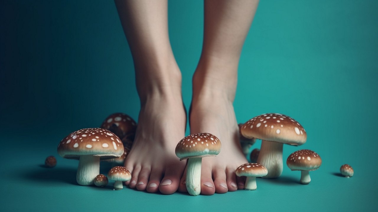 image with female bare legs, feet with mushrooms between fingers. health care. foot fungus. AI generative.