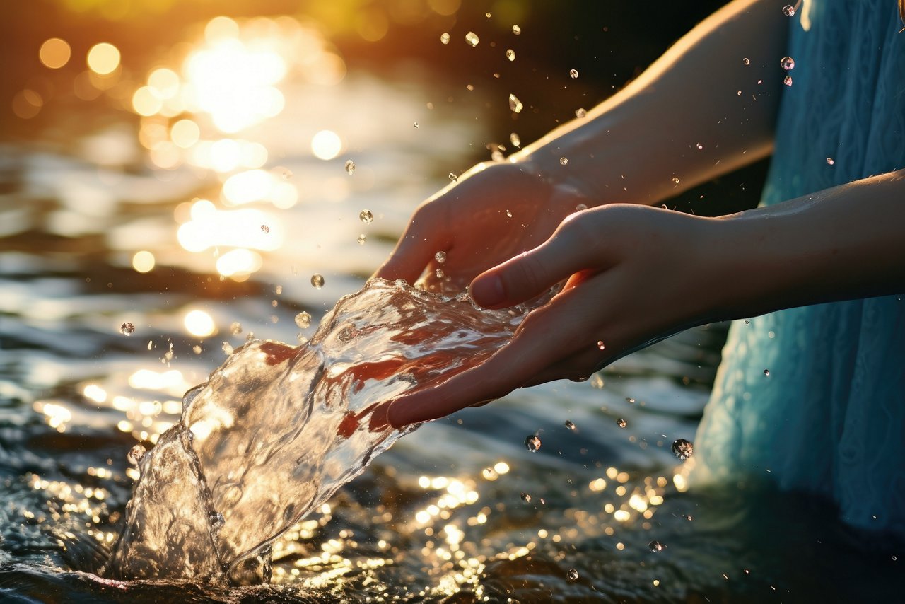 Frauenhände kommen aus dem Wasser und lassen das Wasser durch die Finger fließen  