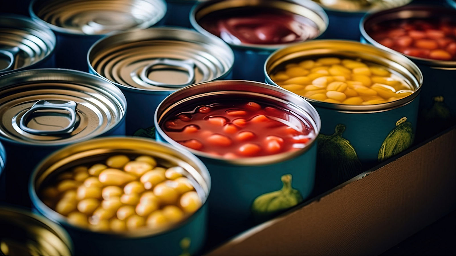 Canned food with beans, vegetables and peas