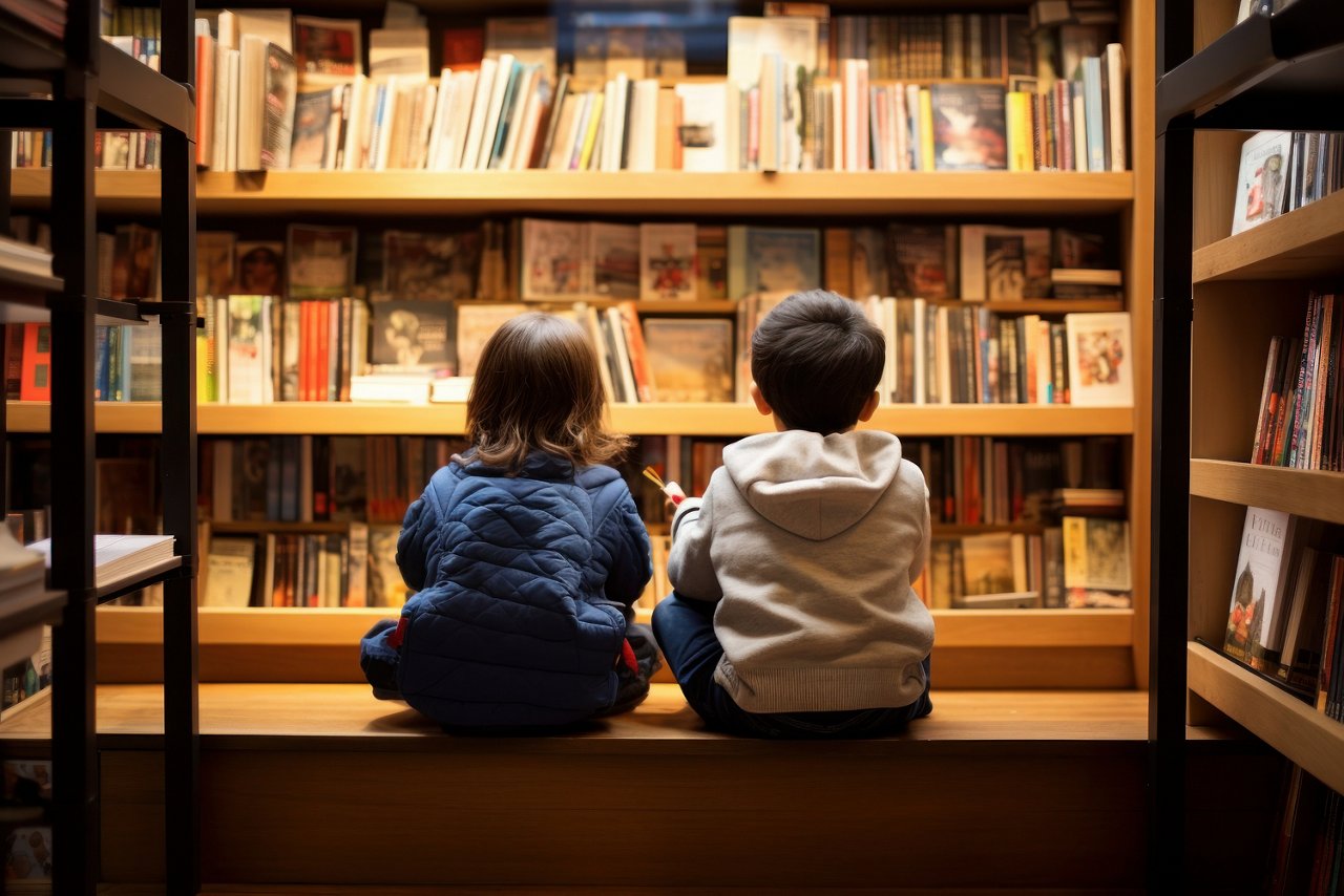 Zwei Kinder sitzen in einem Buchladen und schauen auf die Bücherregale