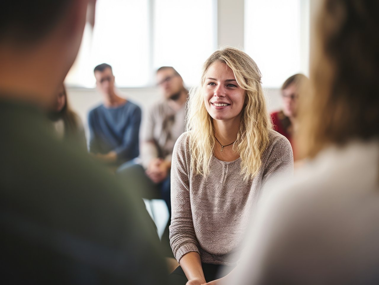 Junge Frau sitzt in einem Gruppenseminar