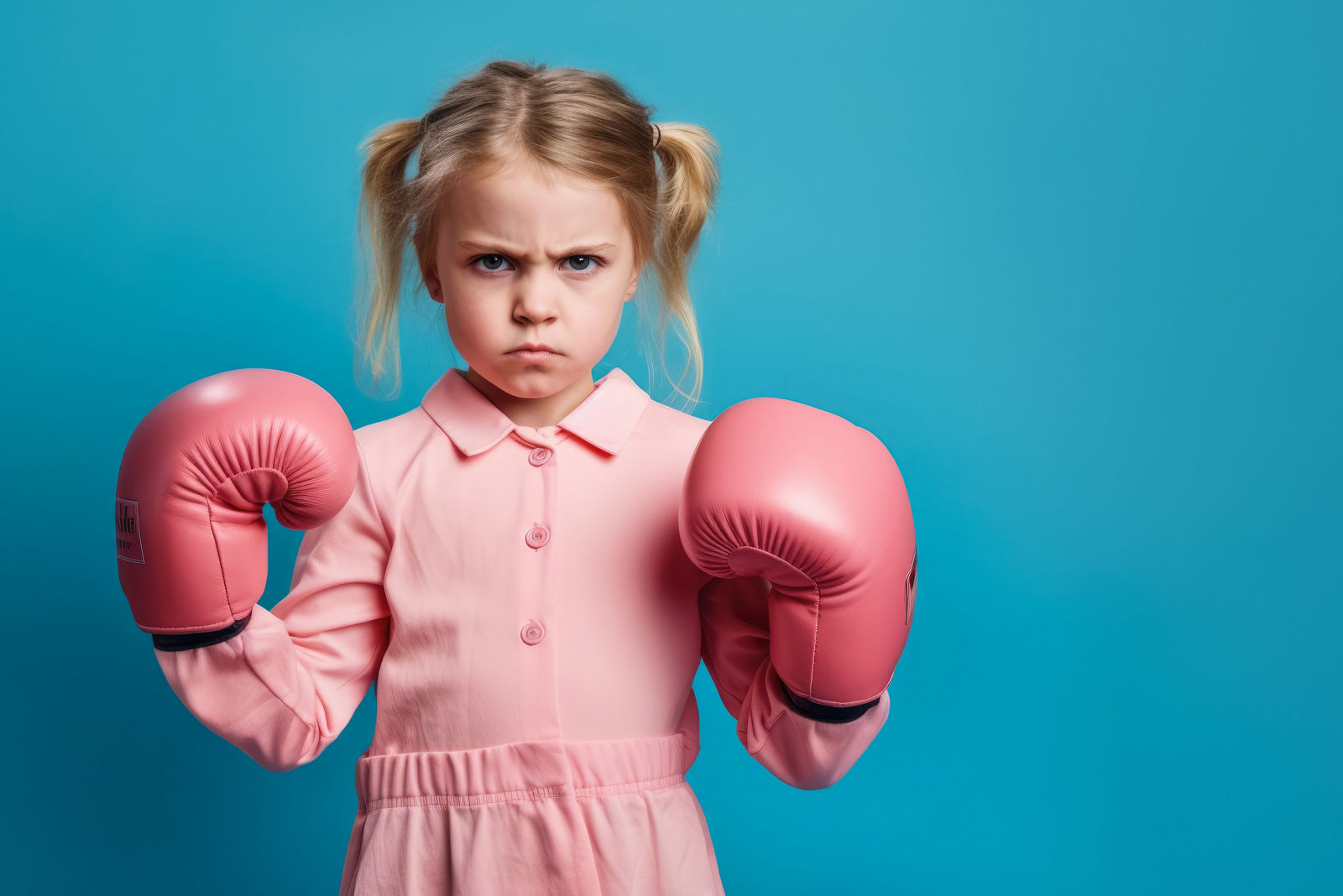 Small girl kid wearing pink boxing gloves, angry serious expression - she's ready to fight. Wide banner copy space on side. Generative AI