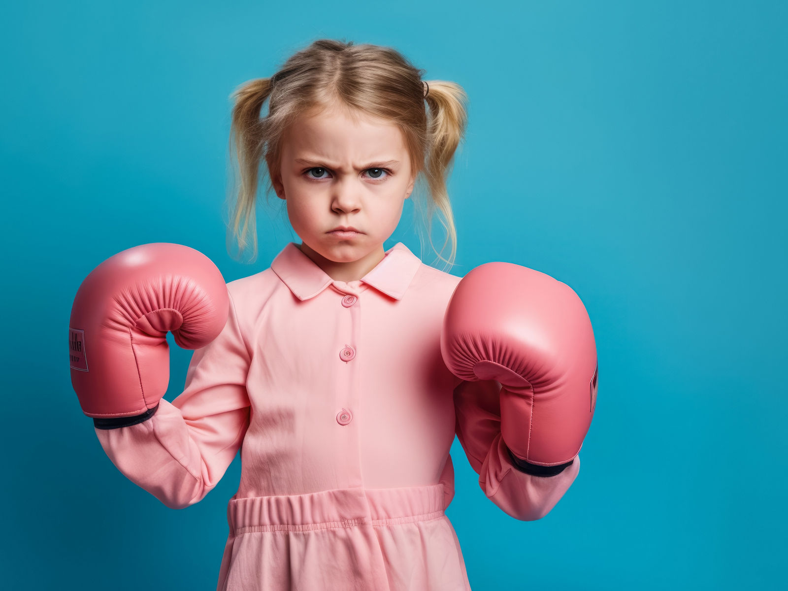 Small girl kid wearing pink boxing gloves, angry serious expression - she's ready to fight. Wide banner copy space on side. Generative AI