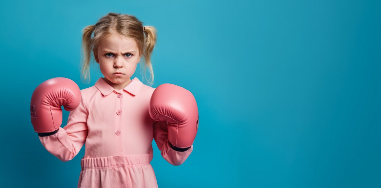 Kleines, blondes Mädchen mit Zöpfen trägt pinke Boxhandschuhe und schaut wütend