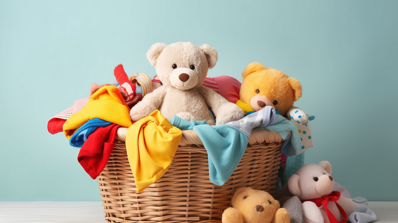 Children s clothes and toy in a laundry basket on a light background