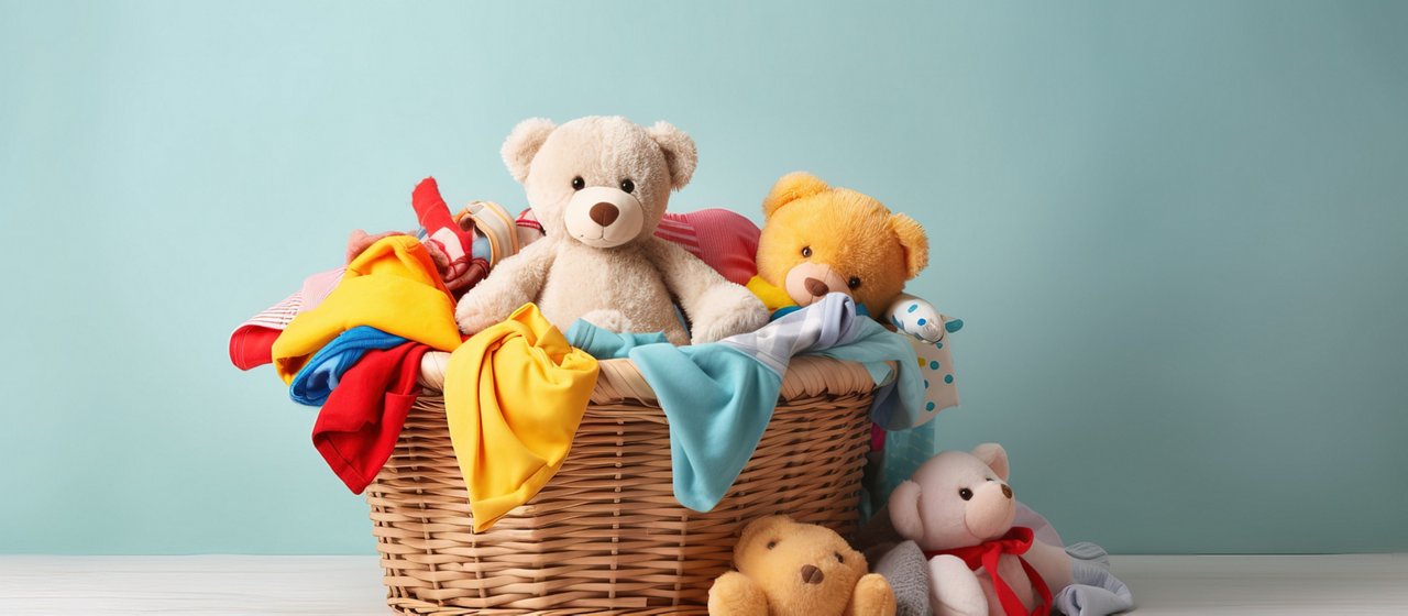 Kinderkleidung und Spielzeug in einem Wäschekorb auf hellem Hintergrund