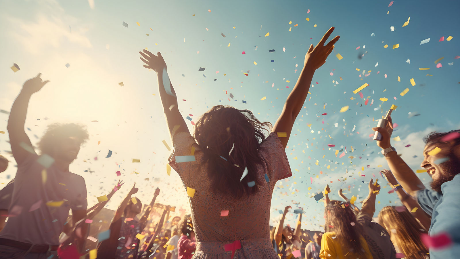 A group of people are celebrating with confetti and music, enjoying outdoor party setting on a sunny day.