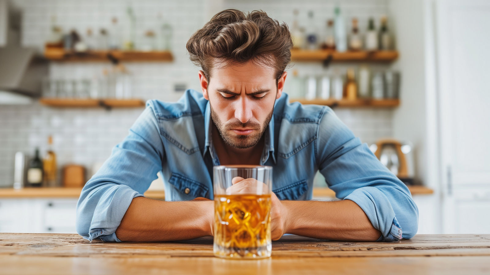 Mann mit Alkoholsucht sitzt in einer Küche vor einem Glas Bier