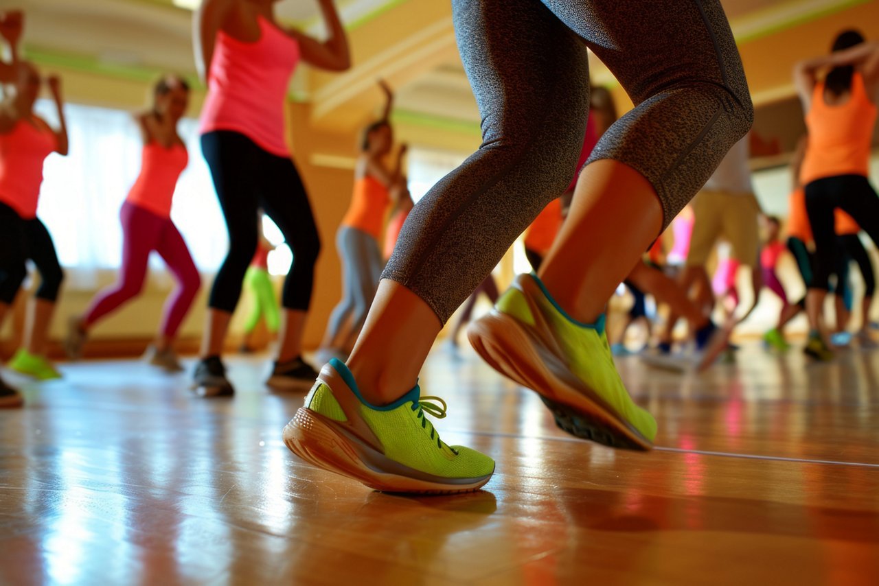 A group of people are dancing in a gym, wearing neon green shoes. Scene is energetic and fun