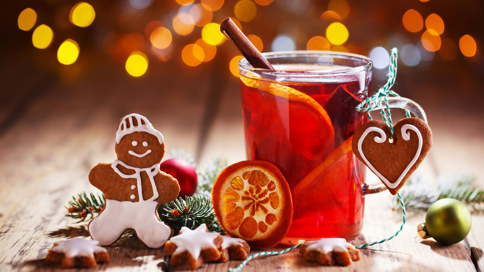 Christmas background with hot wine punch, cookies and smiling ginger bread man :)