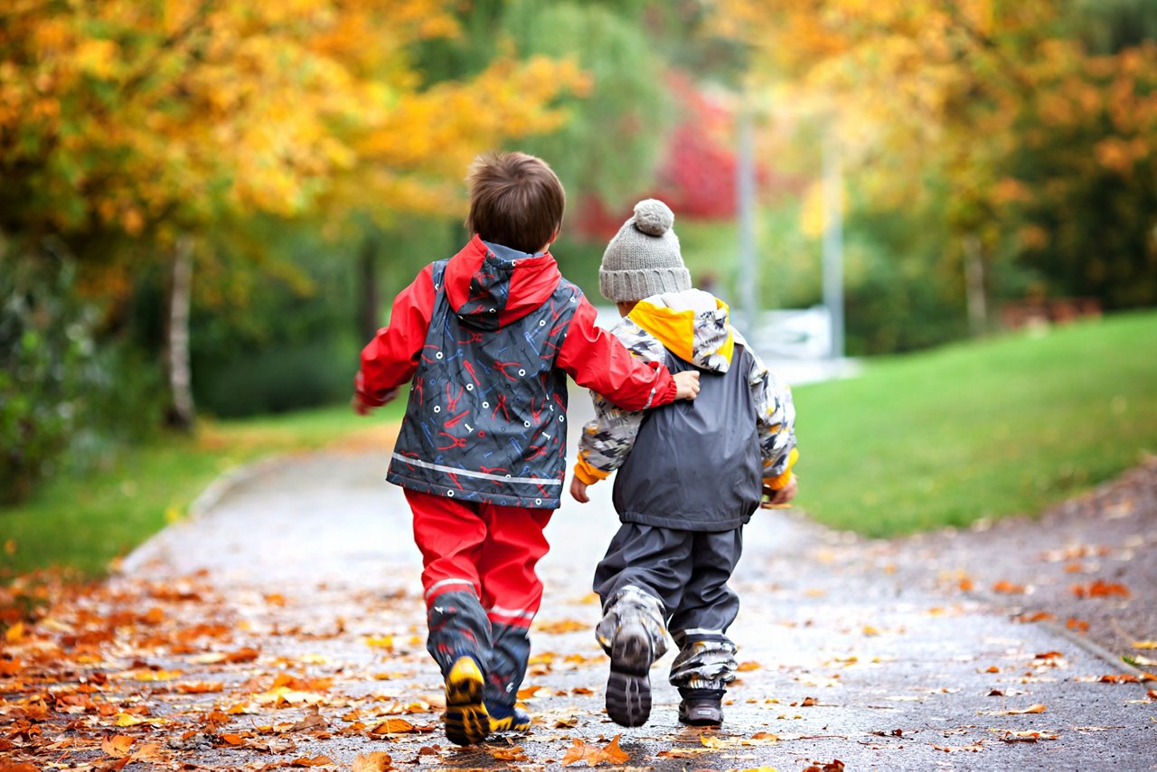 Two children, fighting over toy in the park on a rainy day, autumn time