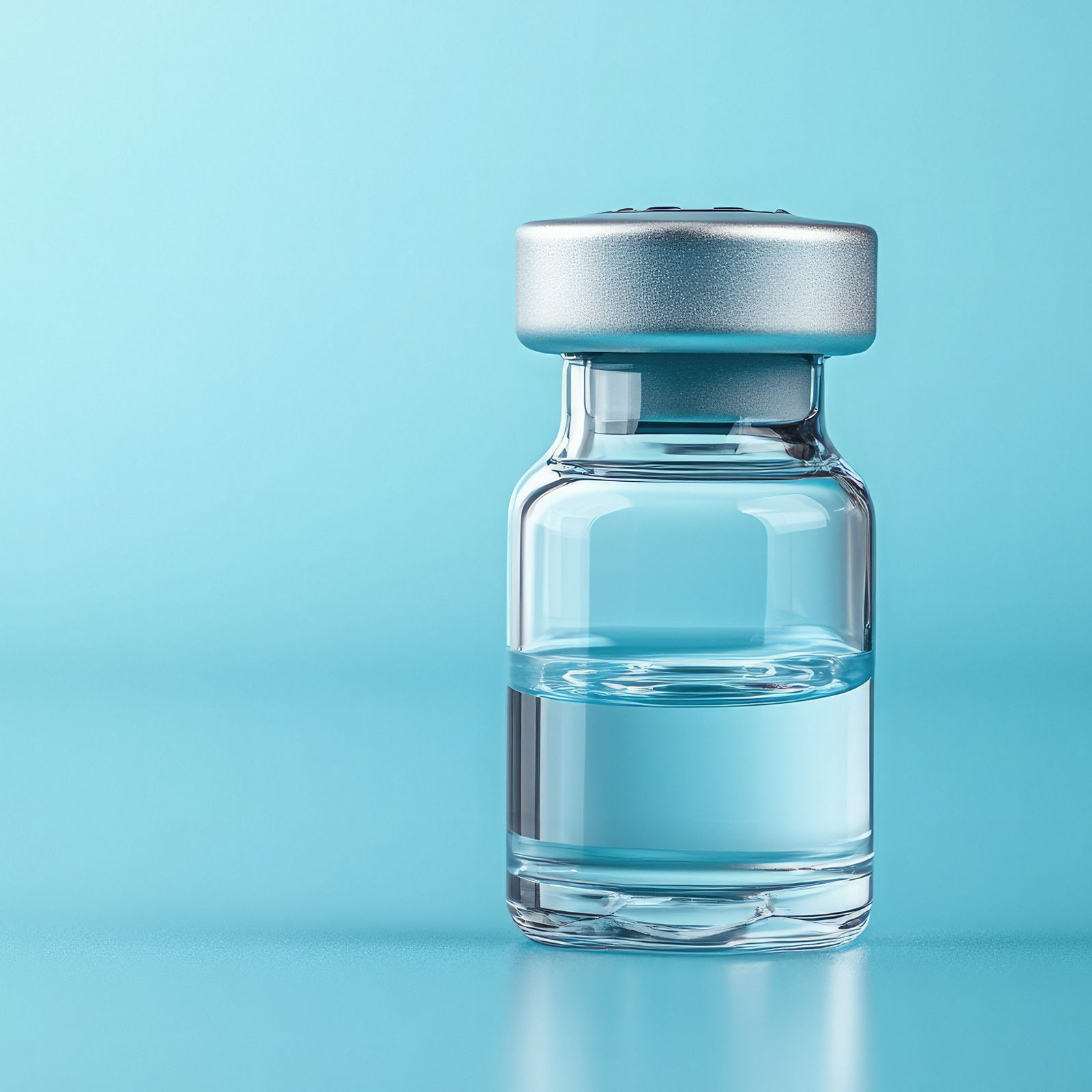 Mit transparenter Flüssigkeit gefüllte Klarglasampulle vor einem sanften blauen Hintergrund