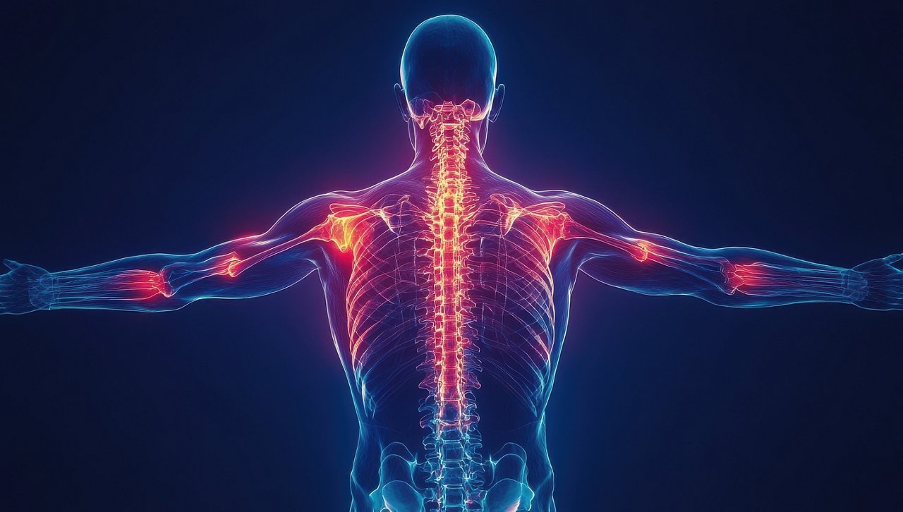 This striking 3D illustration depicts a human body with an emphasis on the skeletal and muscular systems. The visual highlights the spine, shoulders, and arms in vibrant blue and red tones, conveying concepts of anatomy and health.