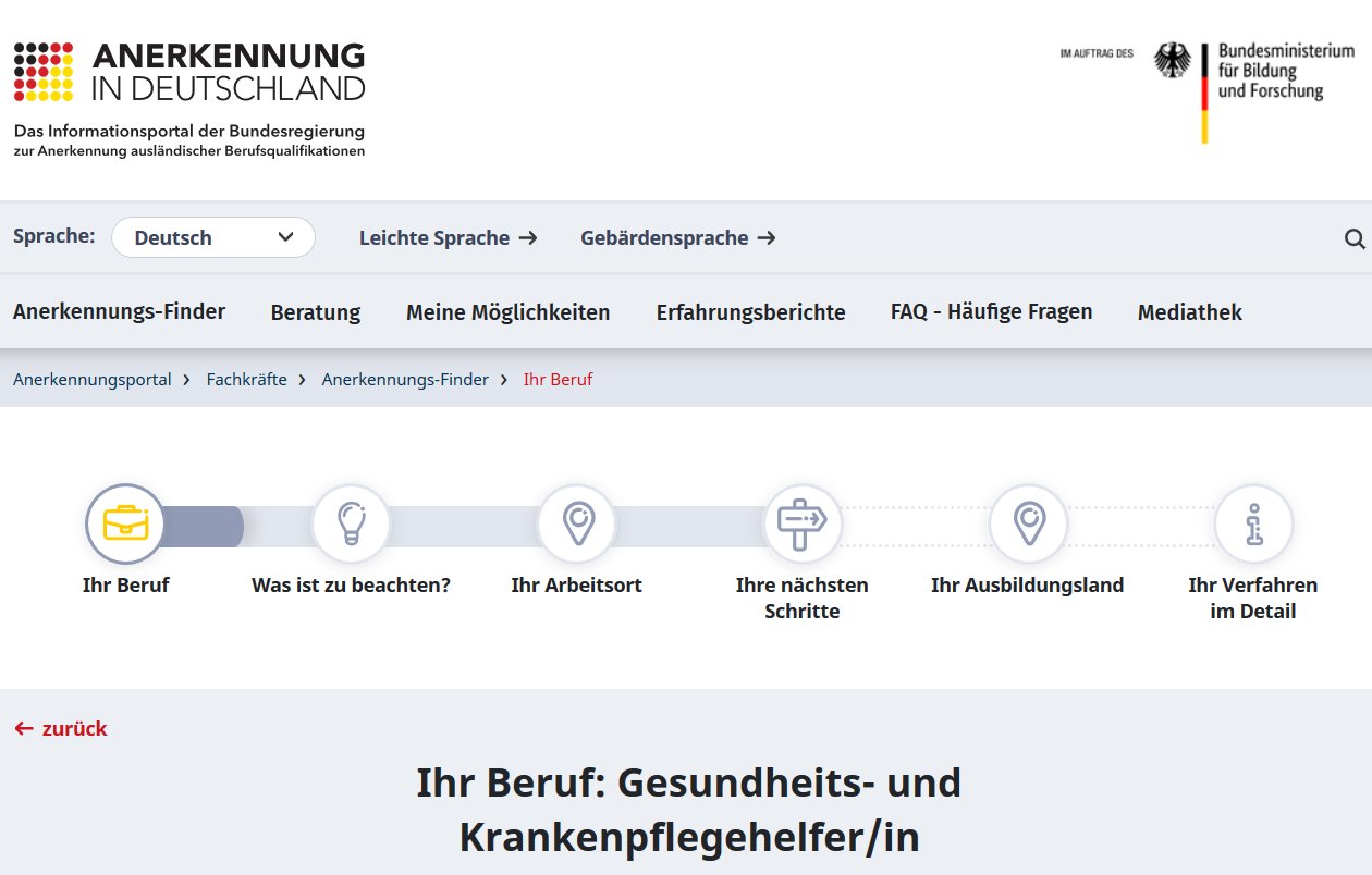 Screenshot der Seite mit dem Anerkennungsfinder