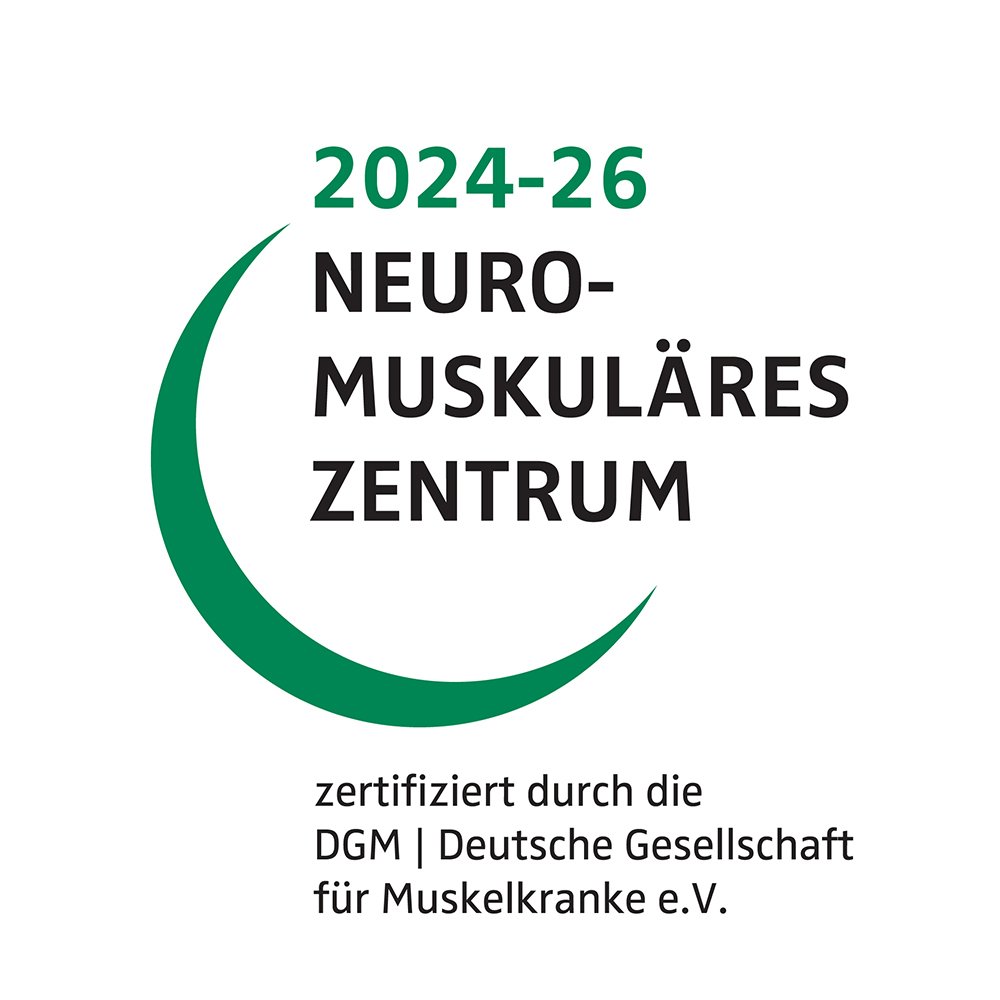 Logo - DGM - Neuromuskuläres Zentrum 2024- 26 zertifiziert durch die Deutsche Gesellschaft für Muskelkranke e.V.