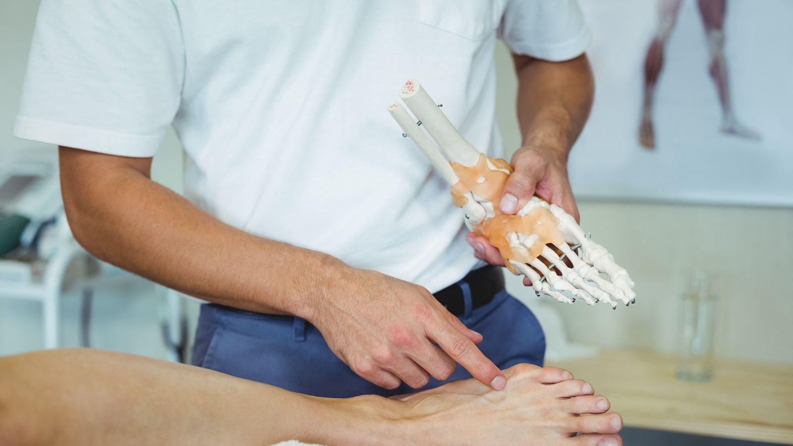 Physiotherapist explaining feet model to patient