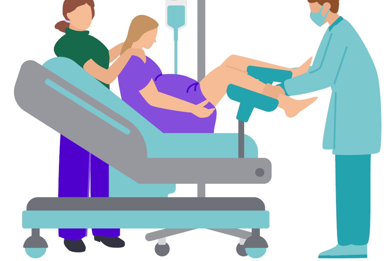 Eine Gebärende liegt in Rückenlage auf dem Bett im Kreißsaal