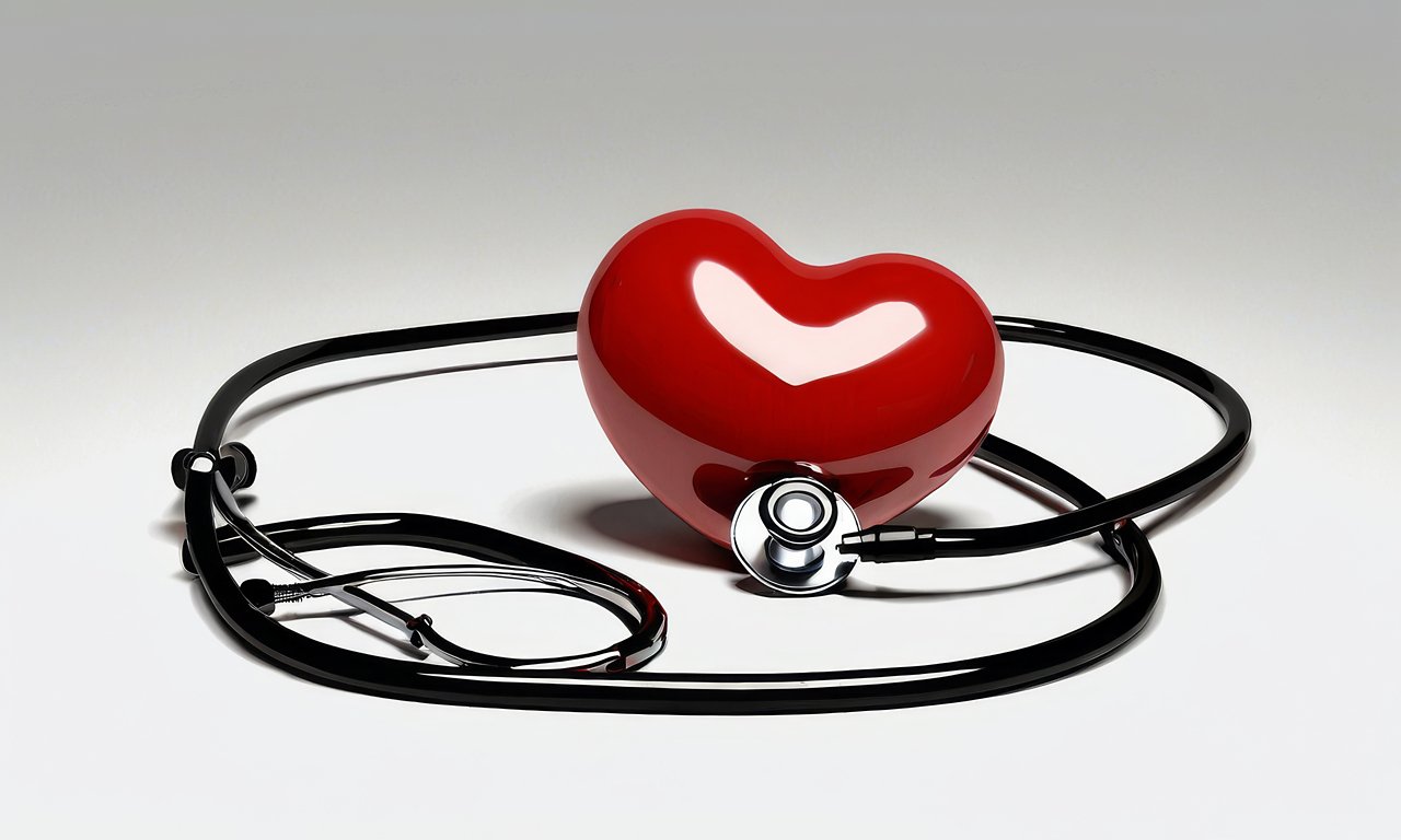 A red heart sits cradled by the curves of a black stethoscope against a neutral background. This symbolic image captures the essence of cardiac care and health monitoring.