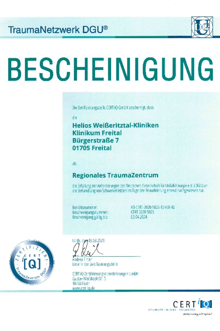 Zertifikat DGU Regionales Traumazentrum Helios Weißeritztal-Kliniken