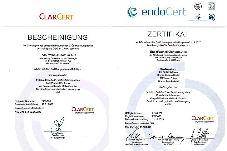 Bescheinigung/Zertifikate Endoprothetik