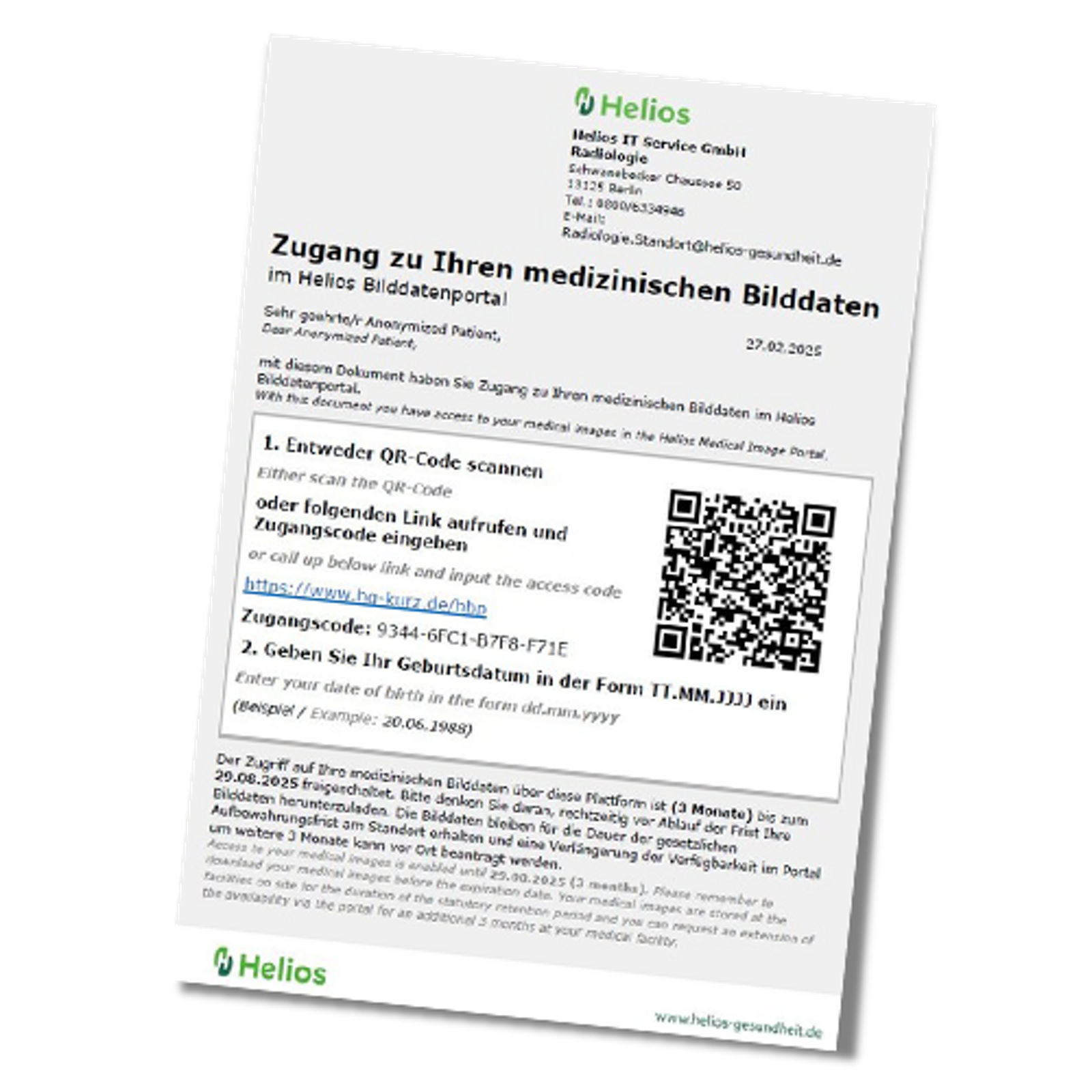 Dokument mit  QR-Code zum Abrufen der medizinischen Bilder