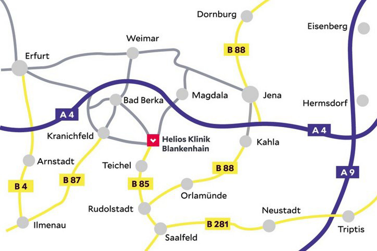 Anfahrtsskizze der verschiedenen Wege in die Klinik