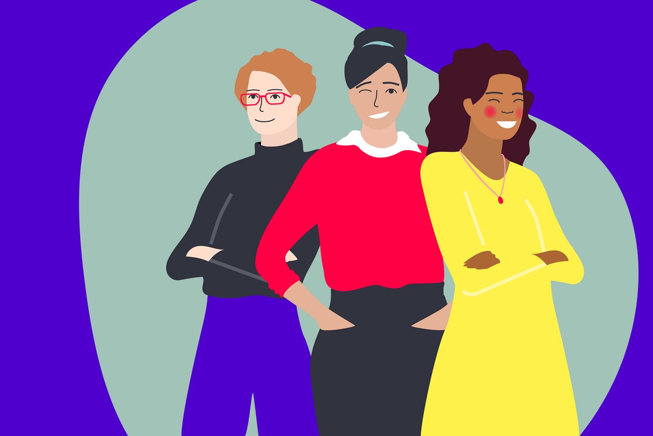 Illustration von drei Frauen, Frauen in Führung, selbstbewußt