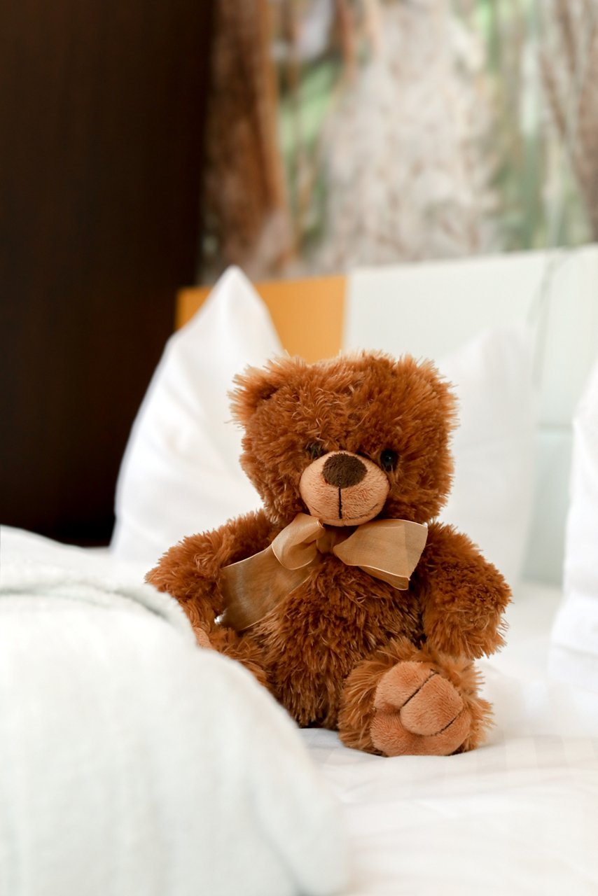 Teddy auf dem Bett im Wahlleistungszimmer