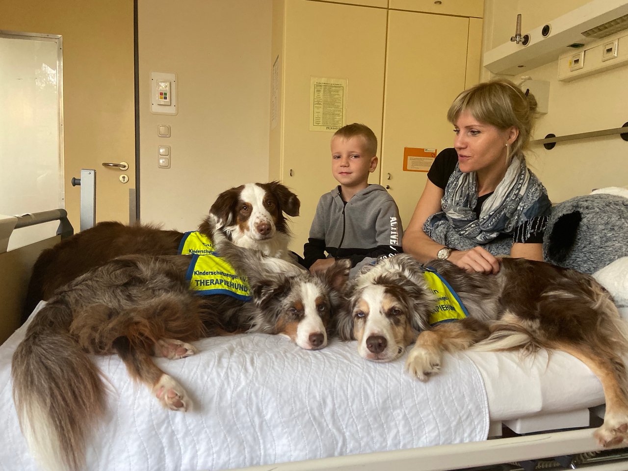 Selfie von Therapiebegleithunden, die auf der Kinderstation sogar im Bett liegen dürfen