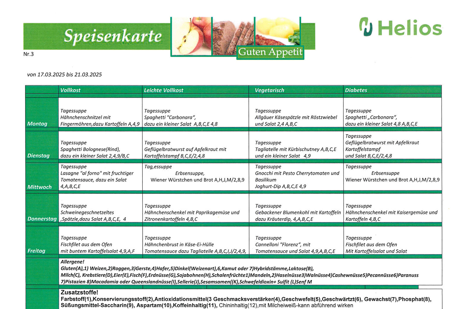 Übersicht über die Speisen, die die Cafeteria der Helios St. Elisabeth Klinik Hünfeld vom 17. bis 21. März 2025 anbietet.