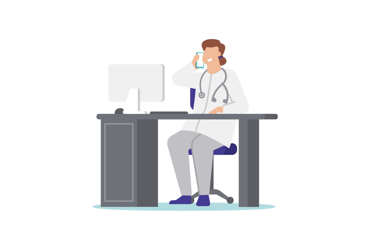 Ärztin sitzt am Schreibtisch und telefoniert mit einem Handy