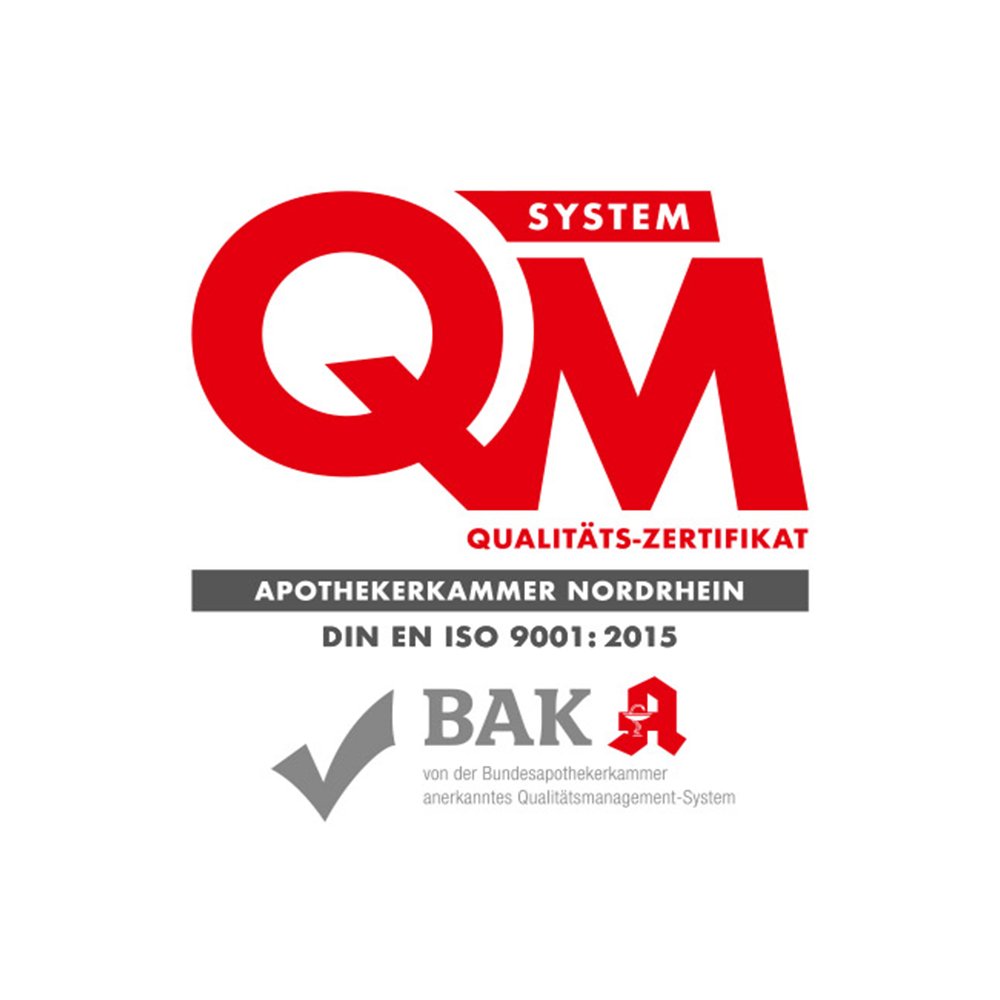 Apothekerkammer Nordrhein: Qualitäts-Zertifikat 2019 DIN EN ISO 9001: 2015 & BAK (Bundesapothekerkammer anerkanntes Qualitätsmanagement-System)