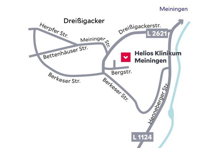 Eine Skizze mit Wegbeschreibung zum Helios Klinikum Meiningen.