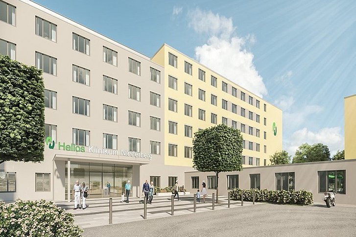 Das Helios Klinikum in Niederberg bietet moderne medizinische Versorgung in einem einladenden Ambiente. Die helle Fassade und großzügige Eingangsbereiche schaffen eine freundliche Atmosphäre.