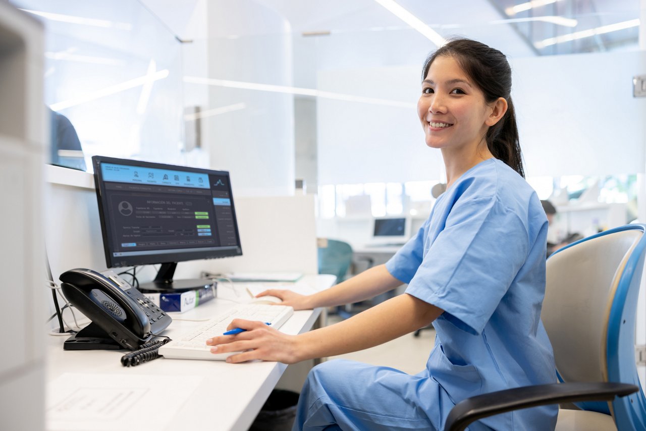 Happy receptionist working at the hospital and looking at the camera smiling - healthcare and medicine concepts