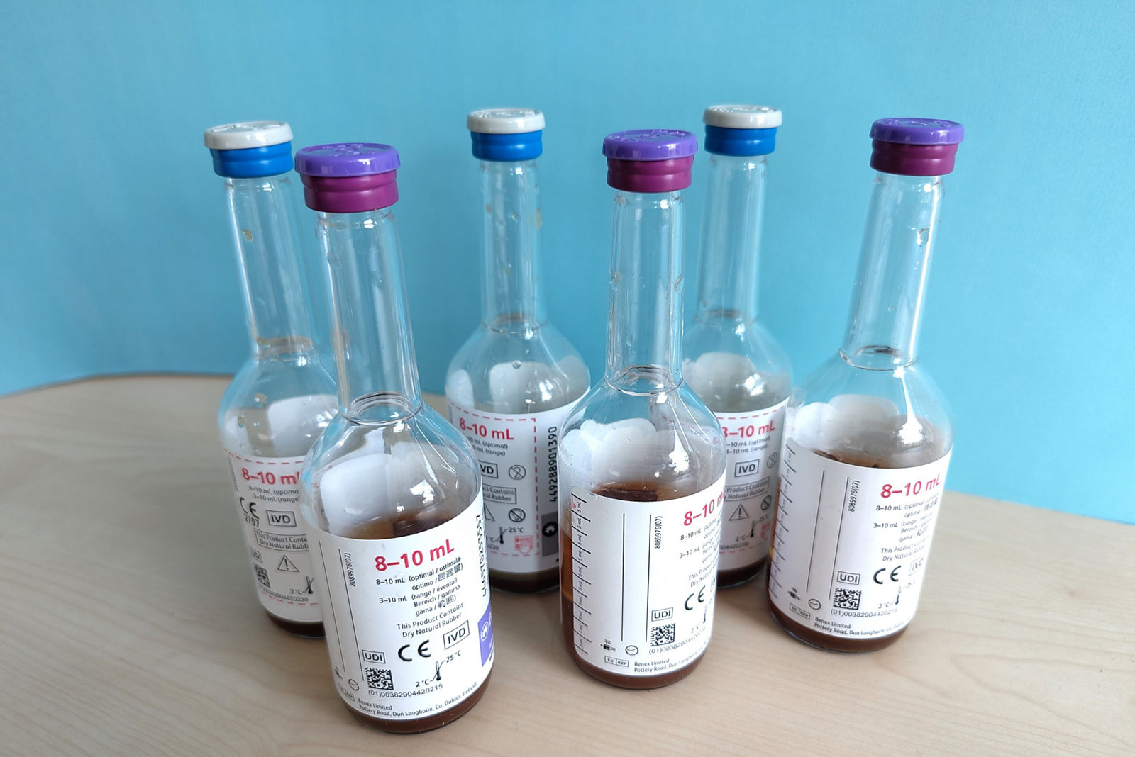 6 Flaschen mit Blutkulturen stehen auf einem Tisch