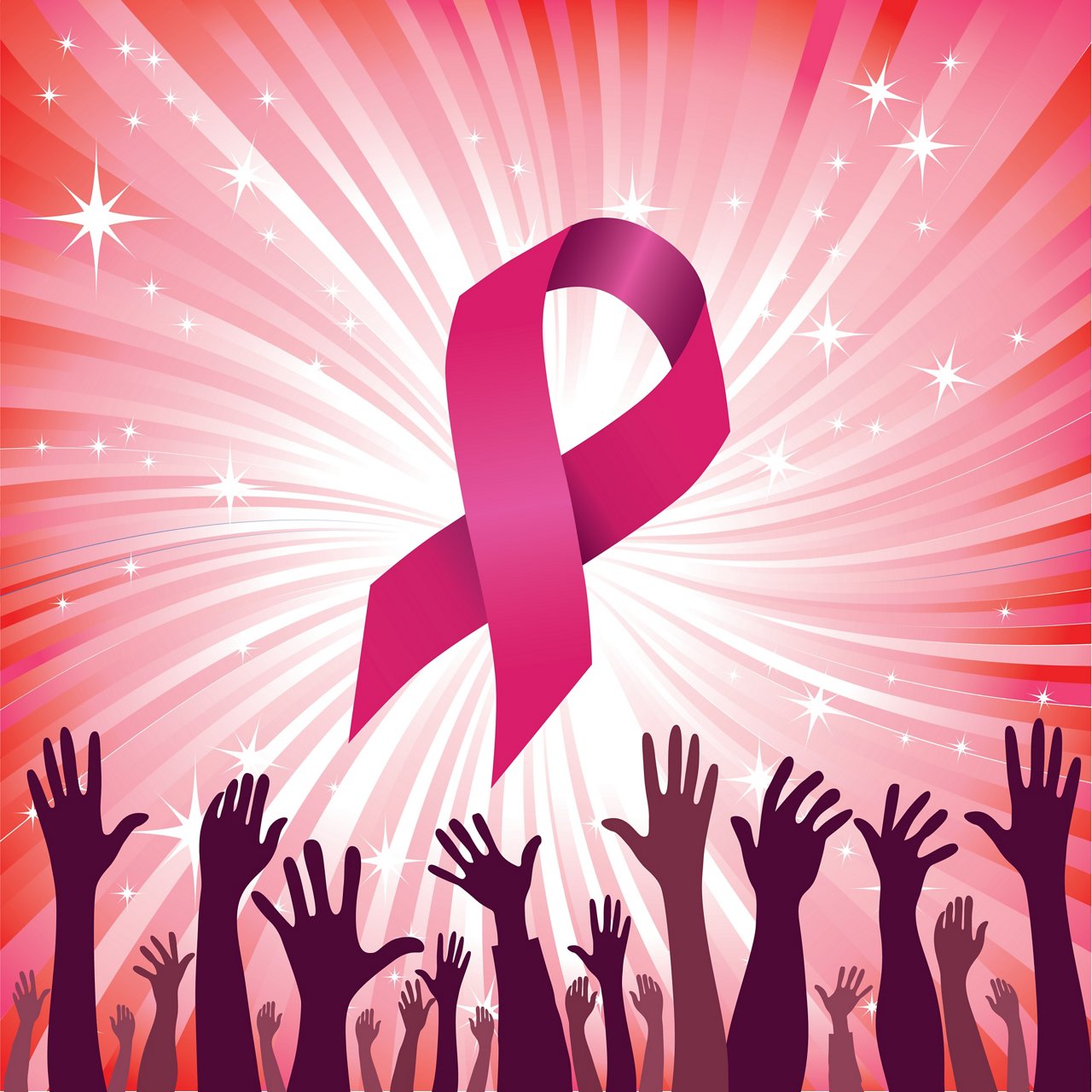 Breast cancer ribbon star background with group of raised hand. Vector illustration. Woman people solidarity.