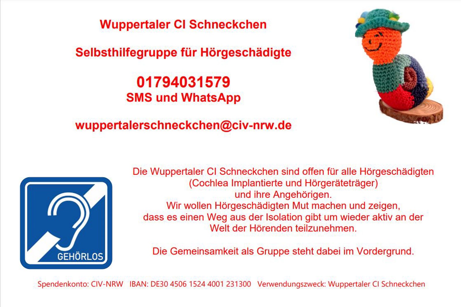 Info-Postkarte der SHG "CI-Schneckchen" für Hörgeschädigte
