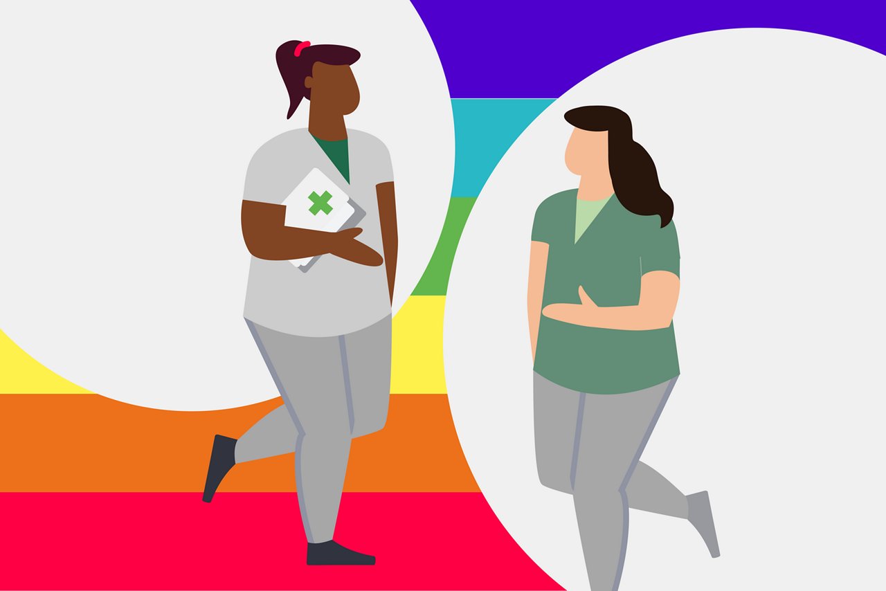 Zwei illustrierte Frauen, die sich die Hand reichen, im Hintergrund die Regenbogenfarben
