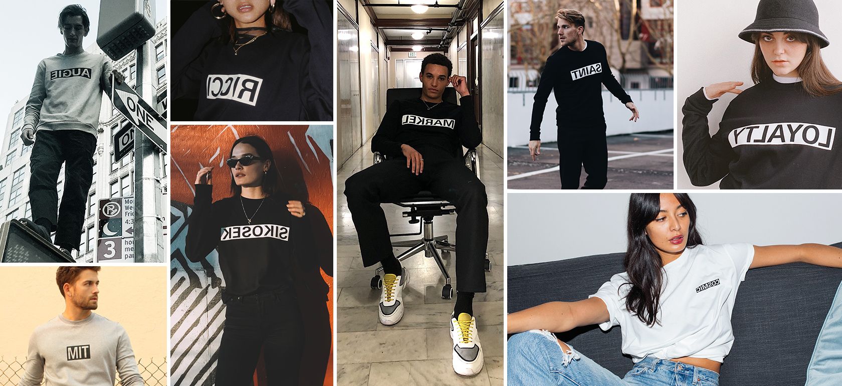 Collage of people wearing personalised T-Shirts and sweaters by HUGO