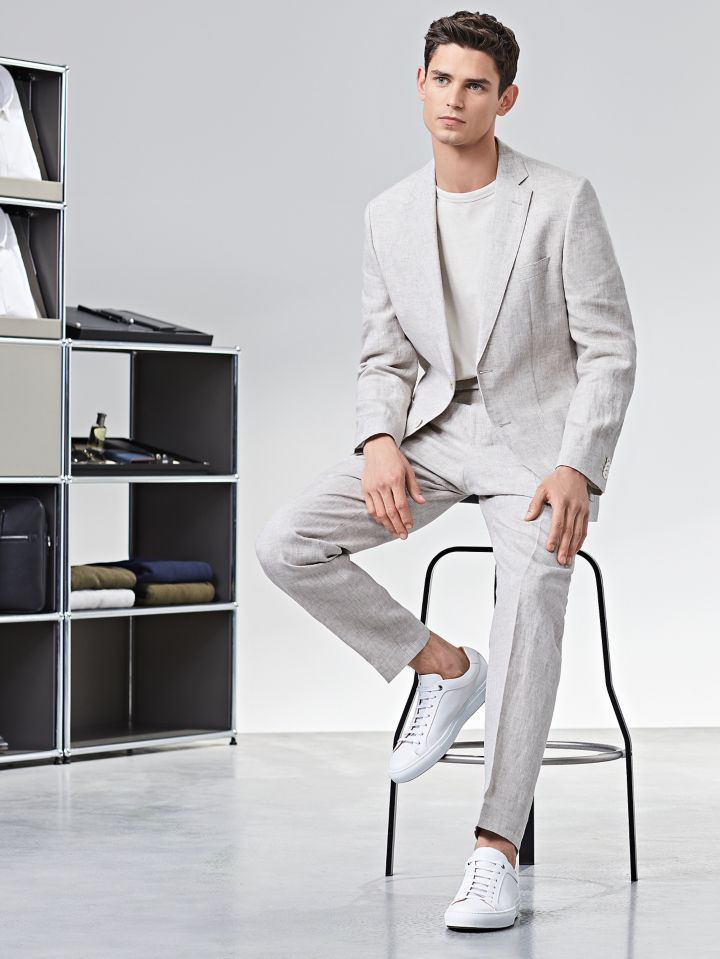 Beige linen suit and white t-shirt by BOSS