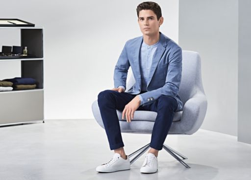 Light blue linen shirt with blue blazer and navy pants by BOSS