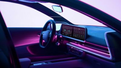 The Hyundai all-electric IONIQ 6 interior with a modular touchscreen dashboard.