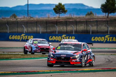 The Hyundai i30 TCR N in the lead of a touring car race.