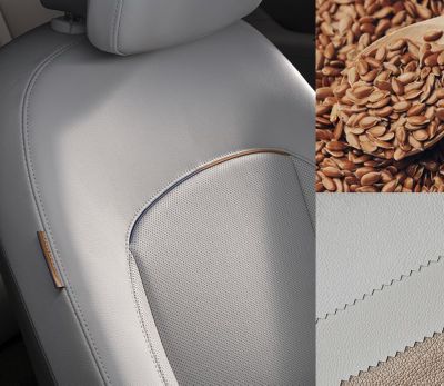 Collage: Detail eines Hyundai IONIQ 6 Sitzes, dazu Pflanzensamen und Lederstücke.