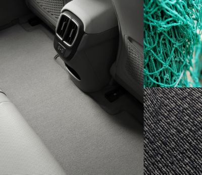 Collage: Detailaufnahme vom Boden eines Hyundai IONIQ 6 und ein Fischernetz.