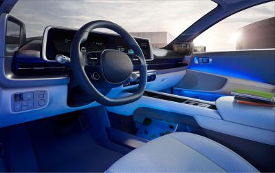 The Hyundai all-electric IONIQ 6 interior ambient lighting in blue.